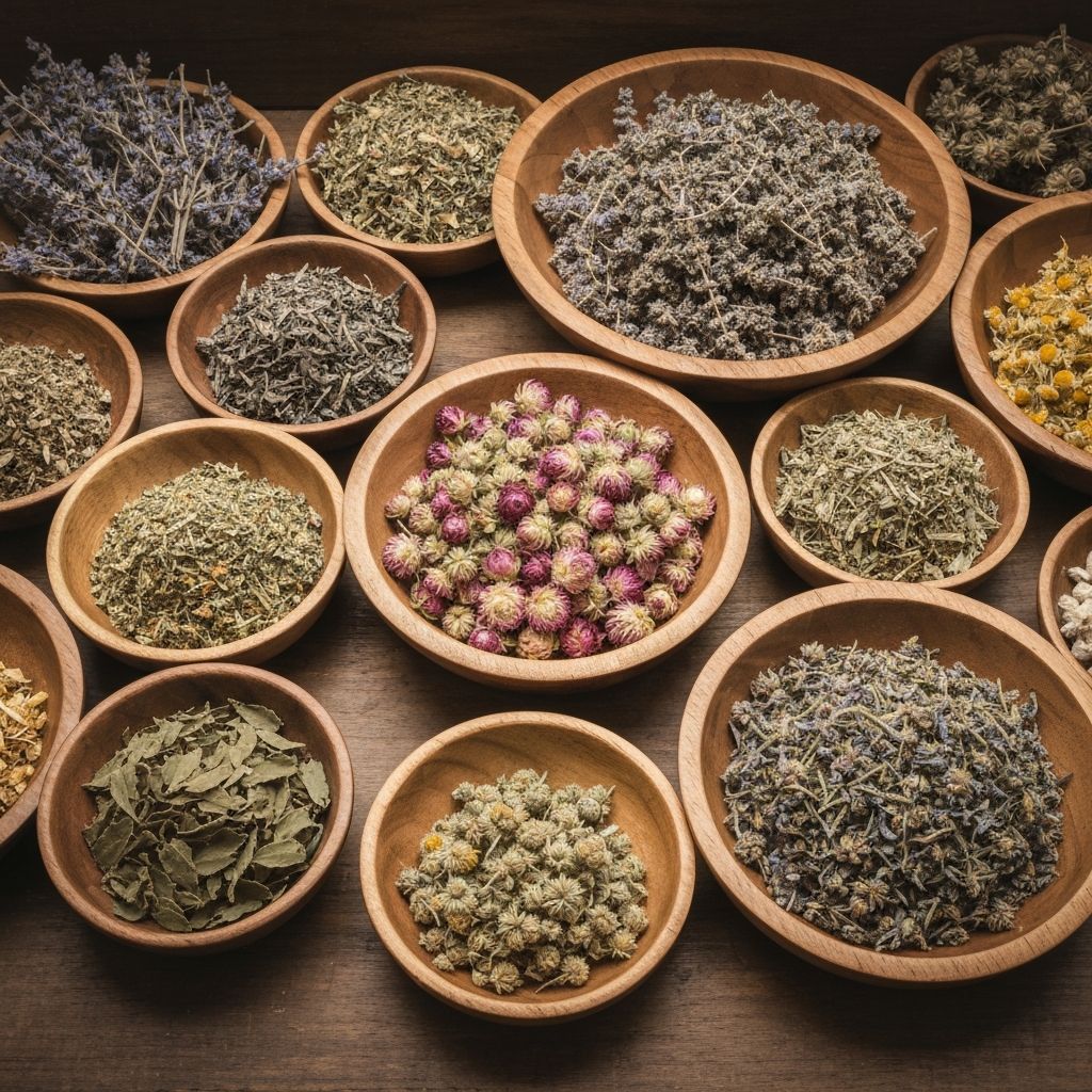 Collection of dried herbs in natural setting