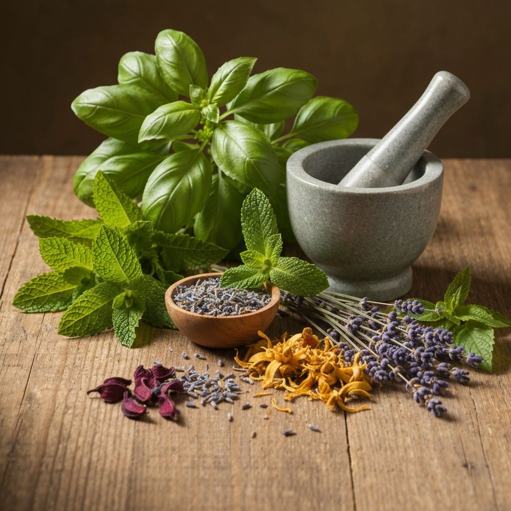 Natural plant ingredients arranged on wooden surface