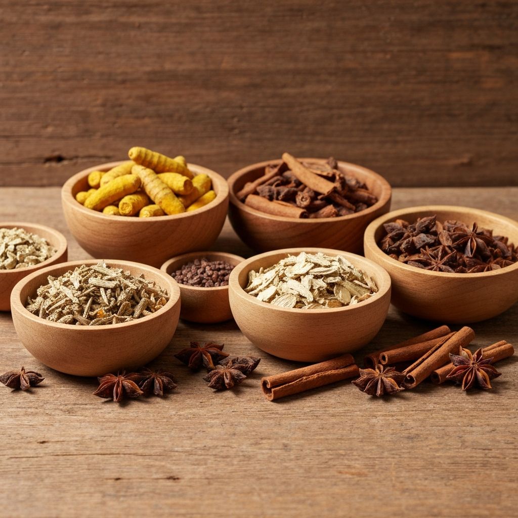 Traditional herbs and spices in wooden containers